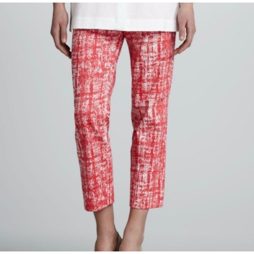 Lafayette 148 New York Red White Abstract Crosshatch Side Zip Pants Size 8